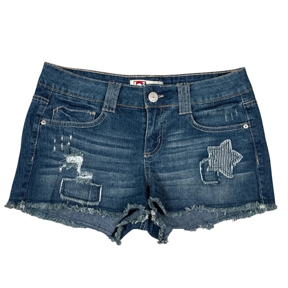 lei Pants - L.E.I. Ashley Low-Rise Distressed Star Patch Jean Shorts Juniors Size 9